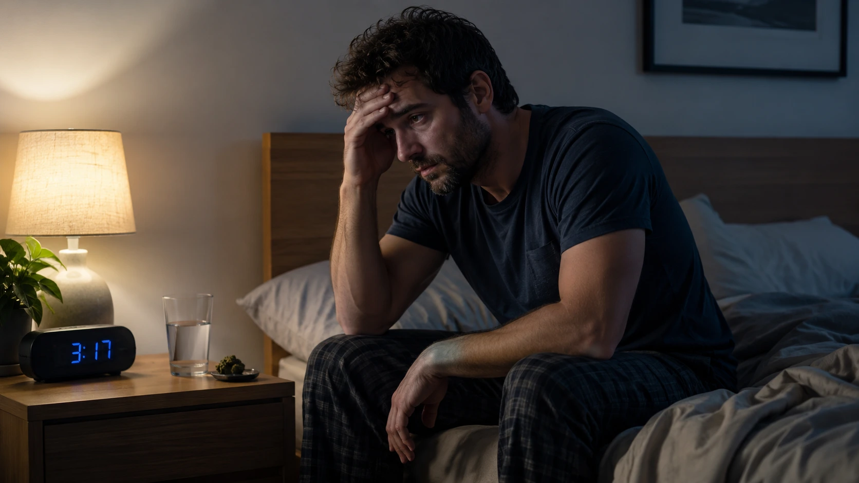 Marijuana Withdrawal Symptoms: Person sitting on a bed wearing a dark t-shirt and plaid pants, looking thoughtful at night.