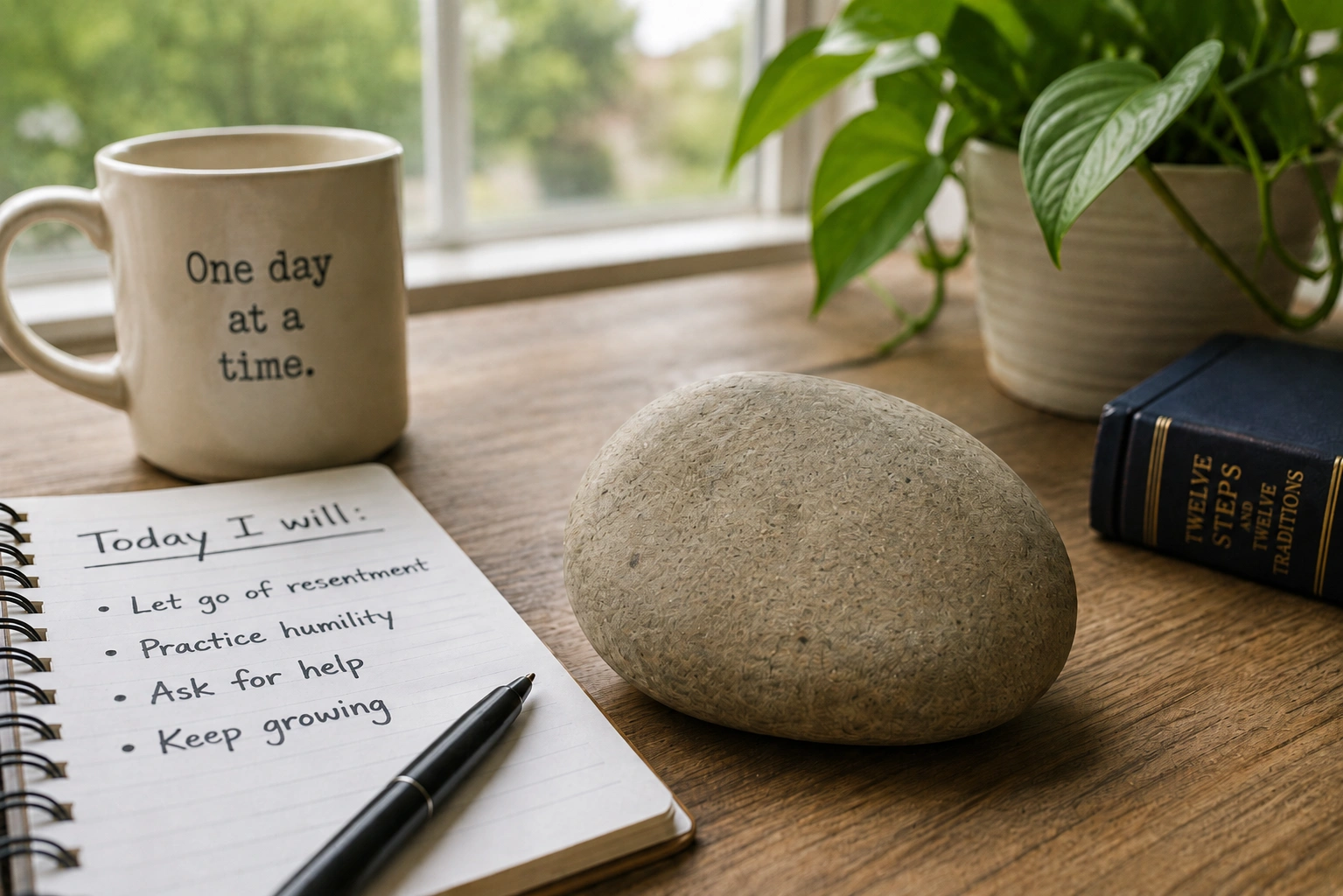 Drop The Rock: Notepad with affirmations, a mug saying One day at a time, stone, plant, and a book on a wooden table.