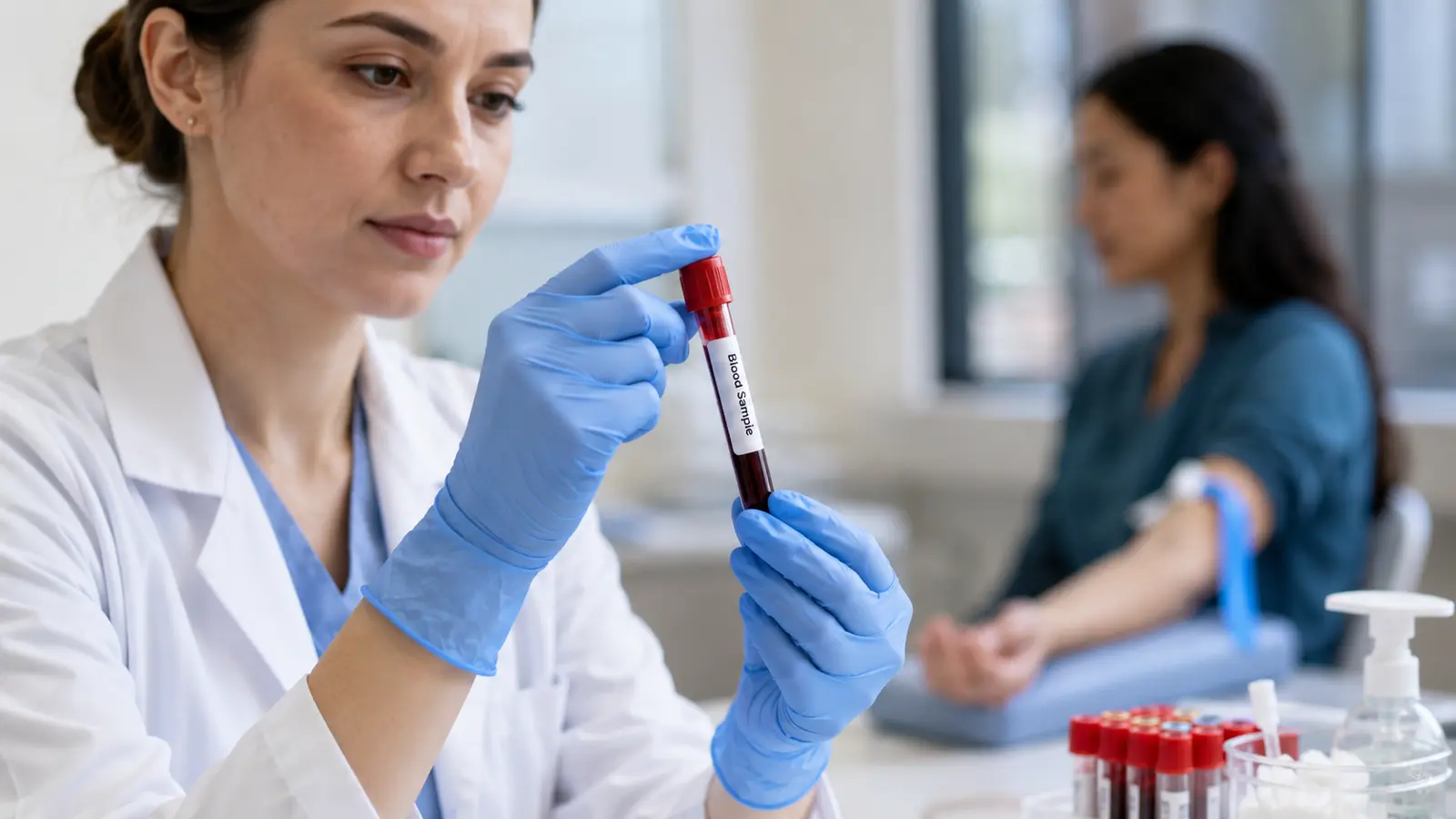 How long does Klonopin stay in blood? Person in white coat holding blood sample tube.