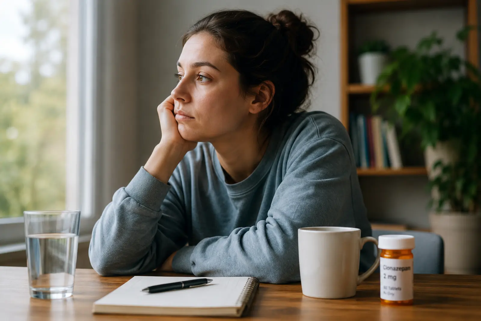 How Long Does Klonopin Stay In Your System? Person in gray sweater sitting at table with notebook, pen, mug, and medication bottle.