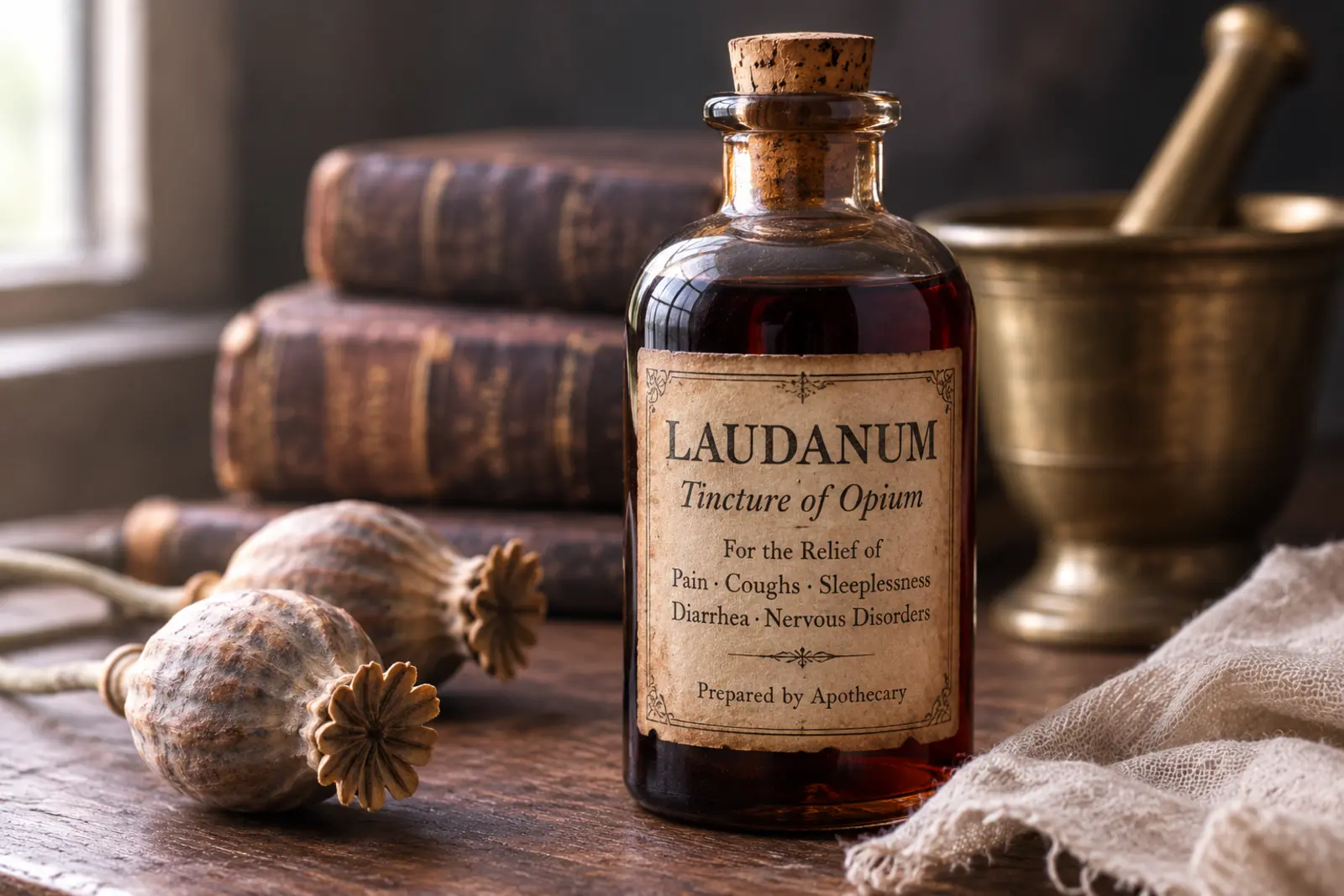 What is Laudanum? Laudanum bottle with cork on wooden table with poppy pods and vintage books.