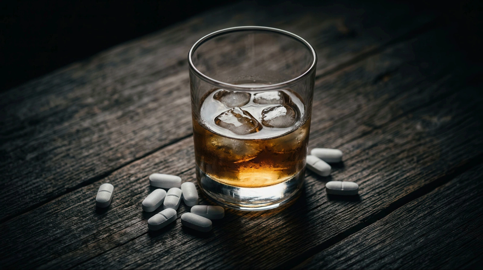 Lorazepam and Alcohol: Glass of whiskey with ice on a wooden table surrounded by white pills.